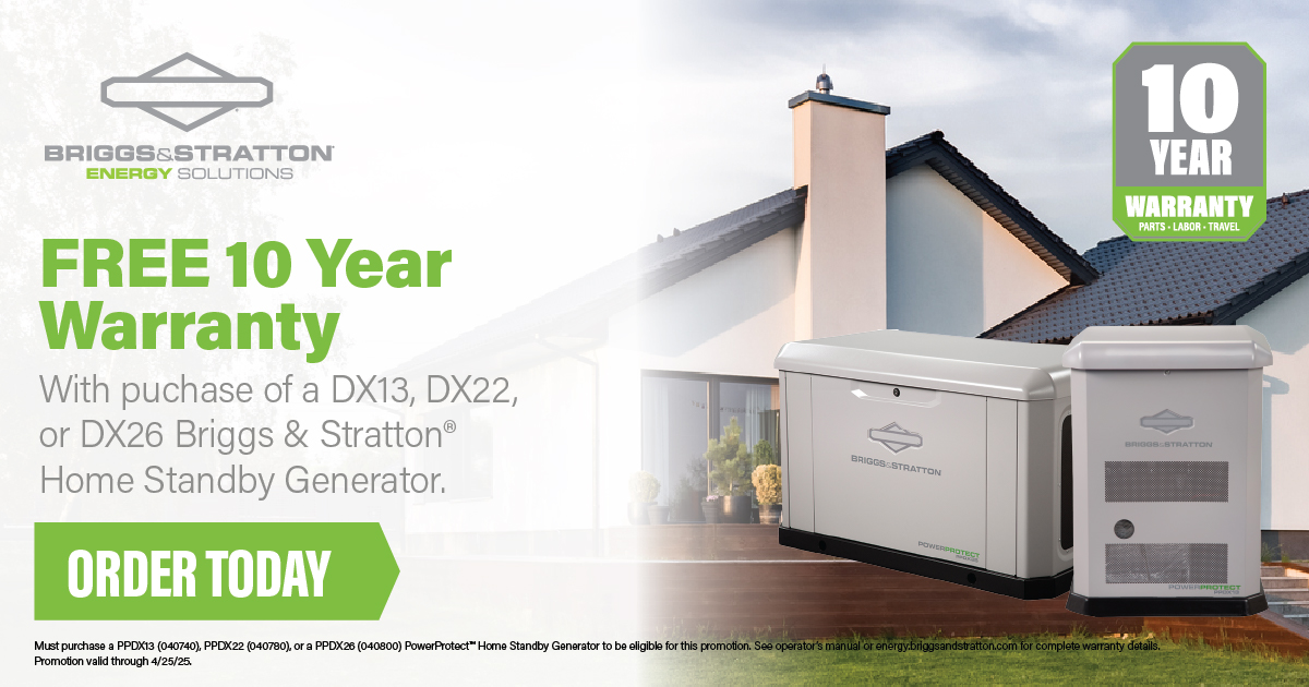Homeowner installing Briggs & Stratton standby generator with spring promotion offering $500 off and free 10-year warranty
